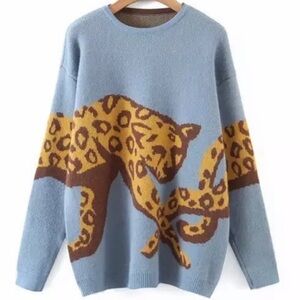 Blue Leopard Print Sweater